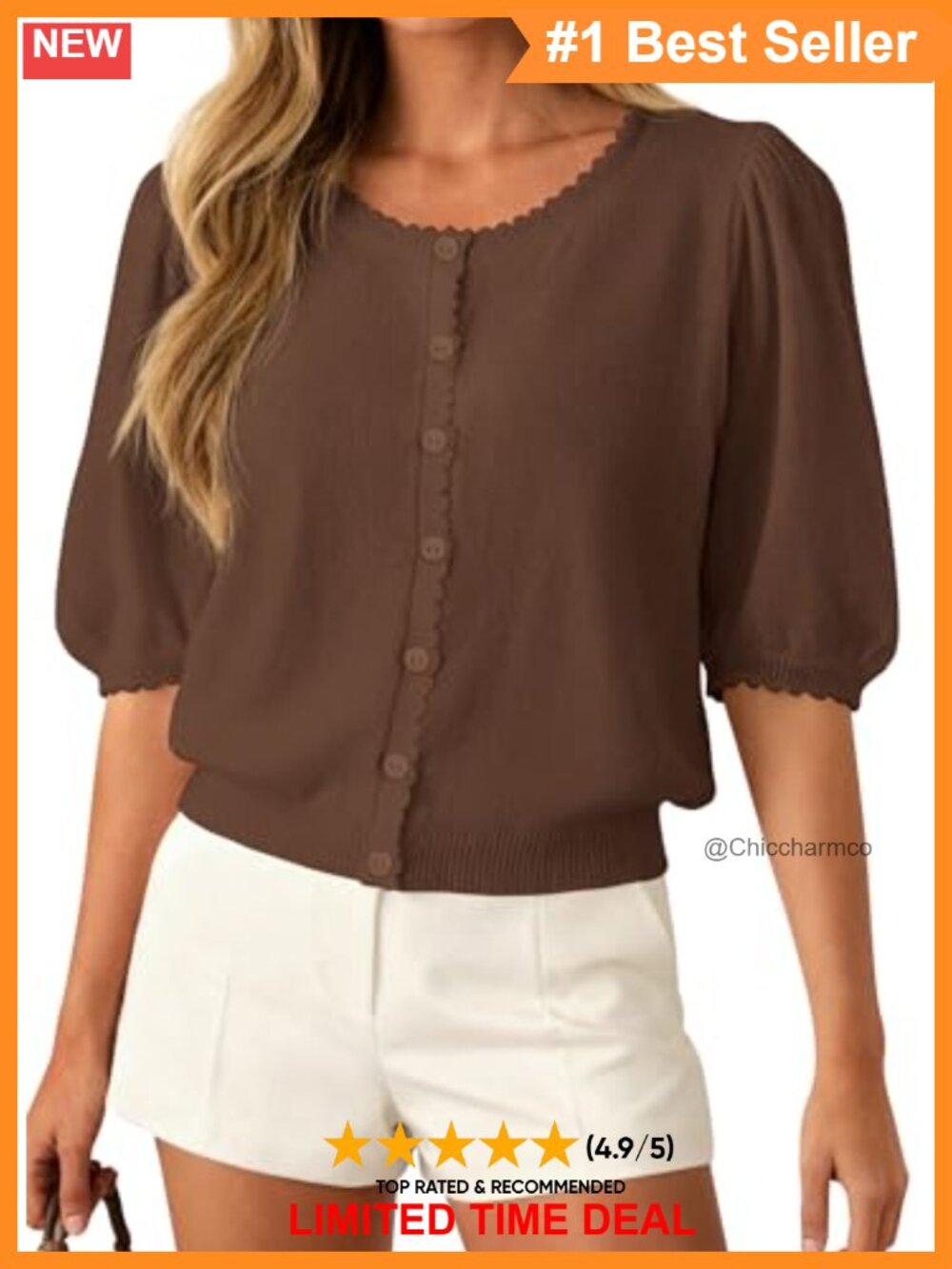 Lightweight Knit Short Sleeve Puff Sleeve Cardigan Sweater
